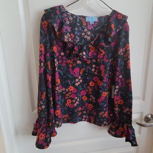 CeCe Black and Fall Colors Floral Long Sleeve Blouse Ruffles L NWT